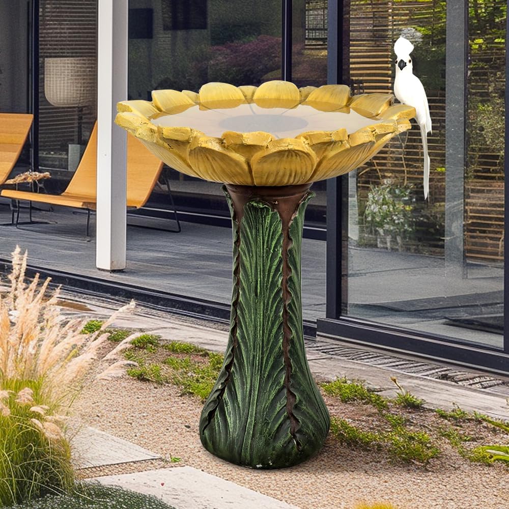 SKYFIRE 24.4” Tall Outdoor Concrete Bird Bath - Sunflower Birdbath Bowl with Green Leaf Pedestal for Garden, Patio, Lawn, Backyard,Outdoor Decor -20”Dia. X 24.4”H Garden Decor Statue Flower Birdbaths