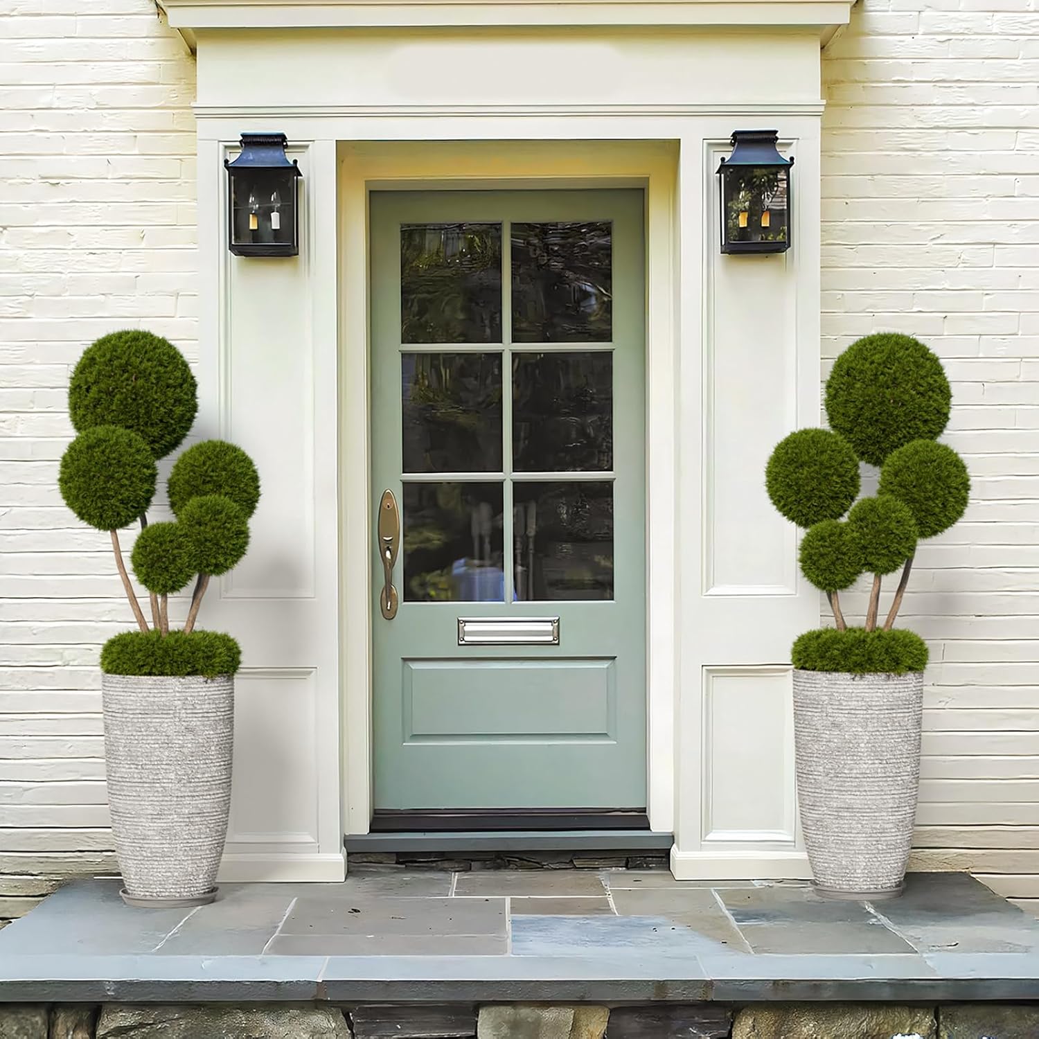 QCQHDU Set of 2 Oversized 9 Gallon Round Planters for Front Door & Patio - 12x21 Inch Tall Outdoor/Indoor Plant Pots with Drainage Tray, Gray Faux Stone Textured Tree Planters for Porch Decor