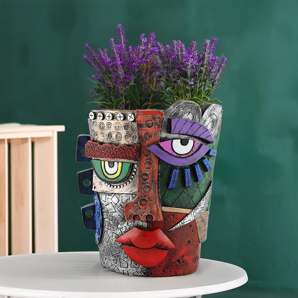 Picasso-Inspired Abstract Face Flower Pot | Unique Head Planter with Drainage Hole | Vibrant Colors & Quirky Art Decor (Abstract Human face)