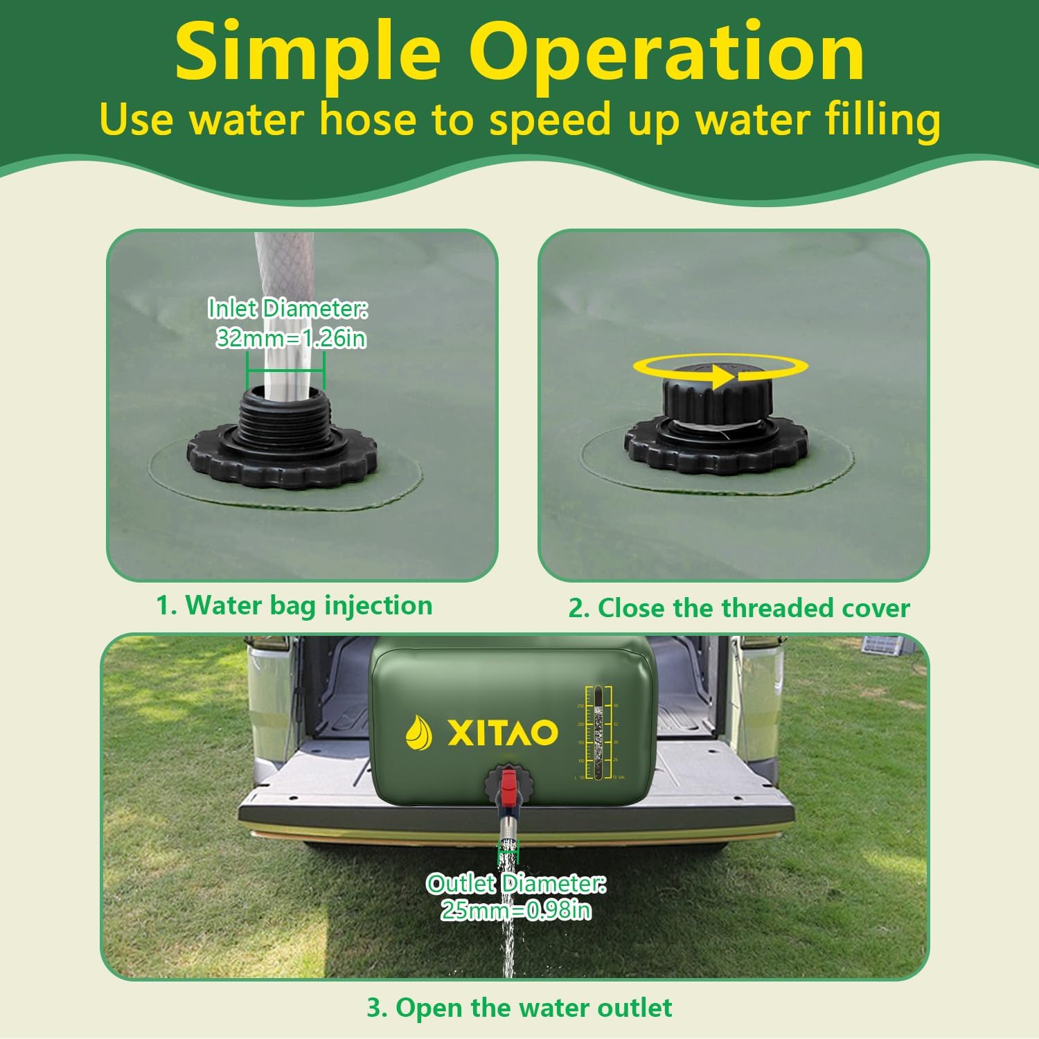 XITAO 29Gal Storage Bladder w/Level Indicator, Large Capacity Foldable Containers, Portable Emergency Tank Bag for RVs, Fire Prevention, Irrigation, Green