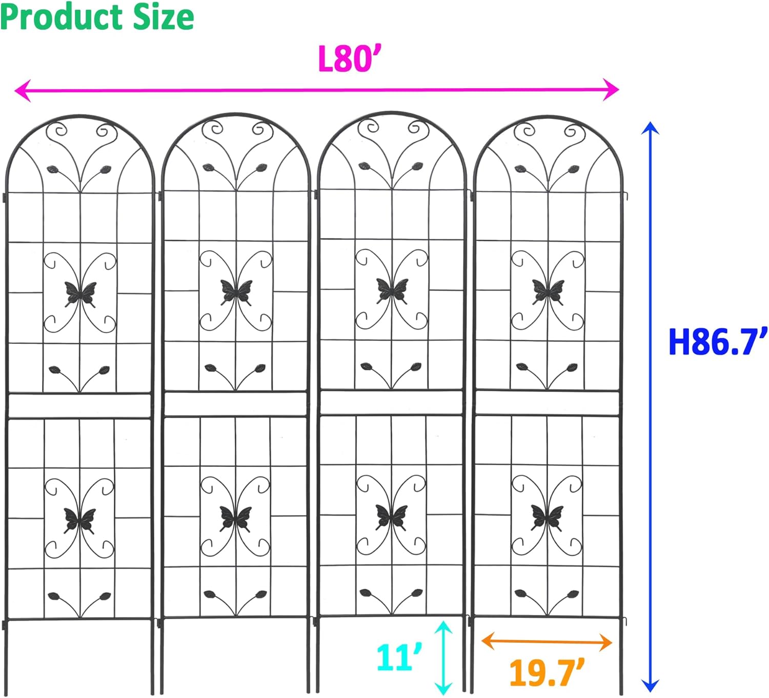 4 Pack Metal Garden Trellis 86.7" Black Fence Rustproof Garden Trellis for Climbing Plants Support Roses Flower Outdoor Lawn, Black