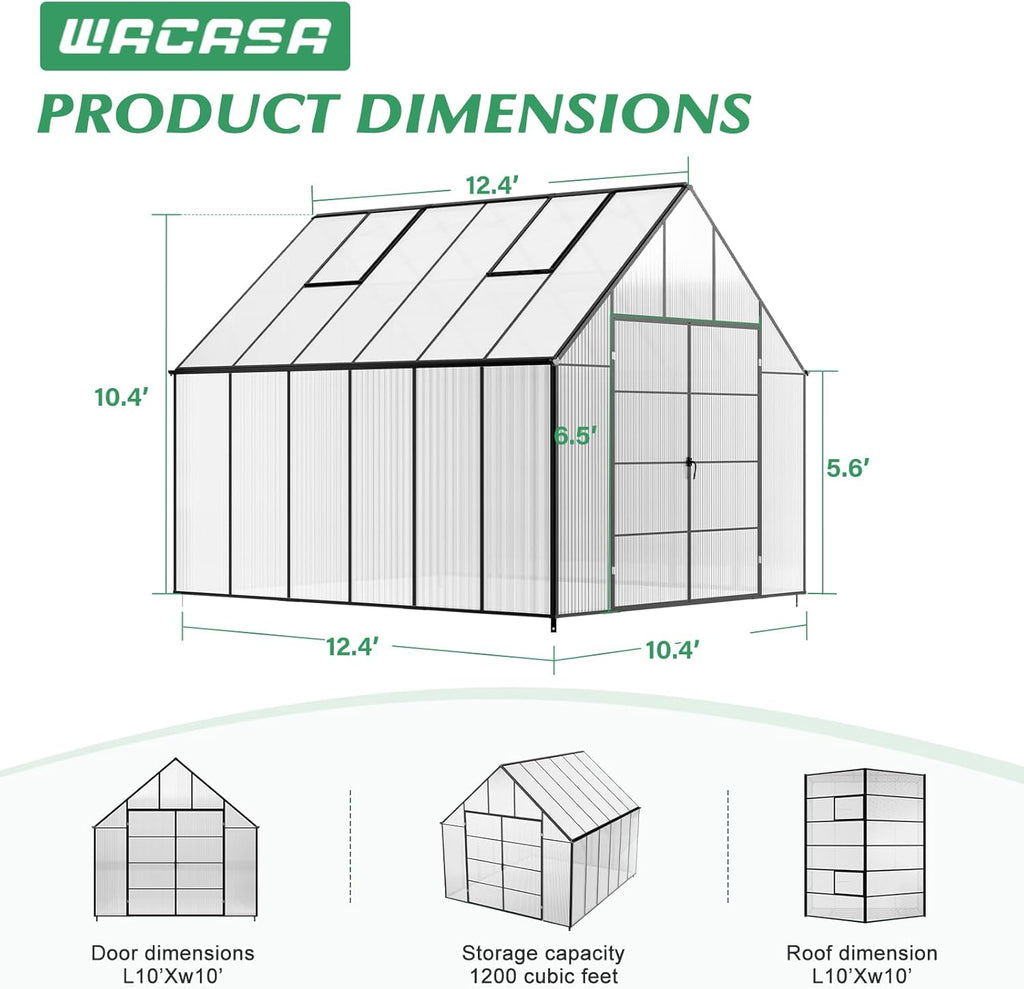 10x10x12 FT Heavy-Duty Greenhouse 2.0 with Polycarbonate Panels, Swing Door, Hinged Roof Vent, and Rain Gutters for Outdoor Use, Aluminum Black