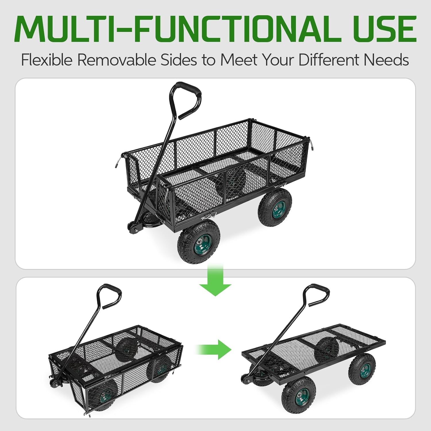 Taifa Heavy Duty Utility Steel Garden Cart 880 Lbs Capacity with Detachable Side Panels Convert to Flatbed for Yard Lawn and Farm, Metal Wagon with 180° Rotating Handle, Black