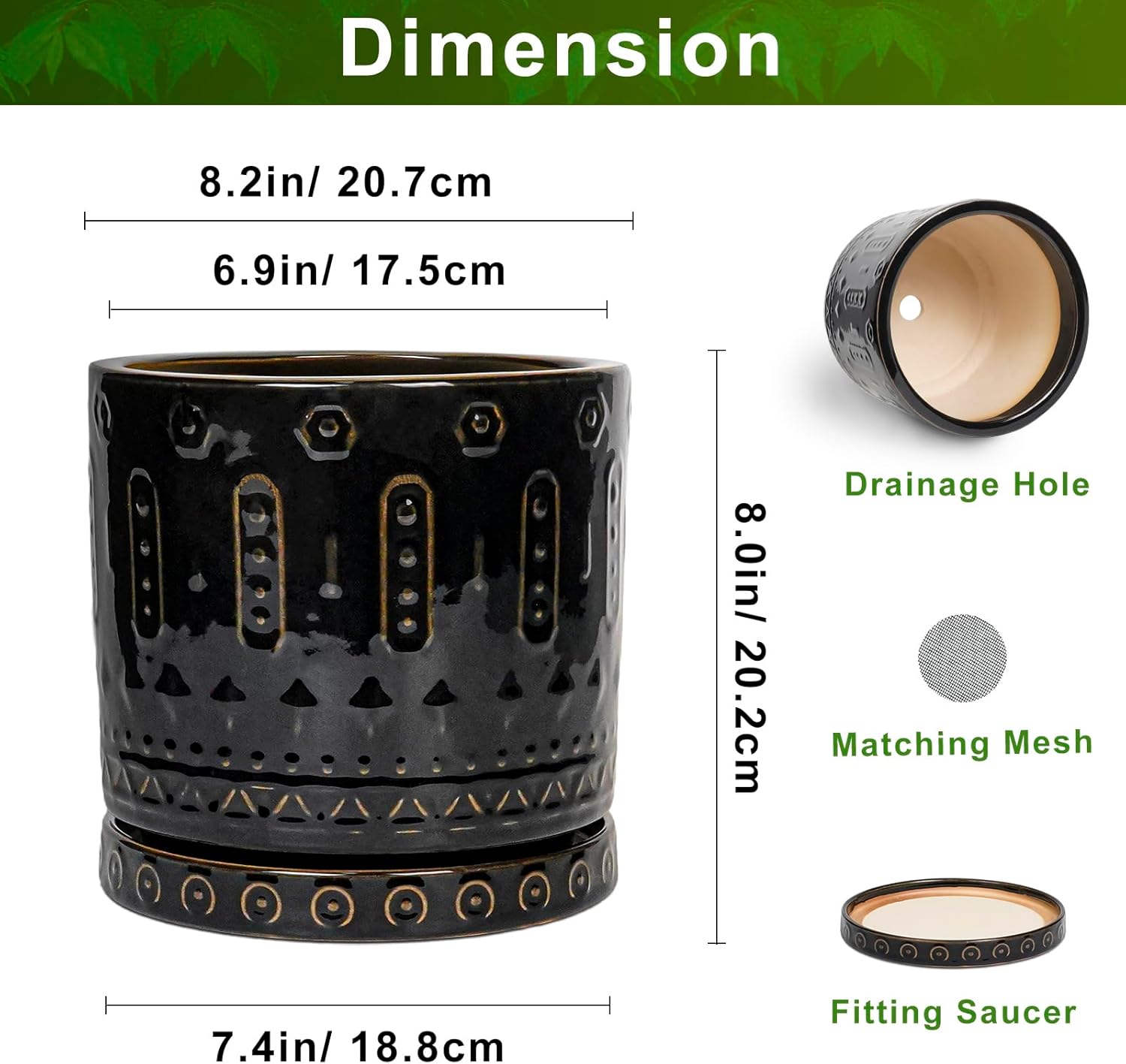 Ceramic Pot for Plants - 8 Inch Plant Pots Indoor with Drainage Hole and Saucer, Decorative Round Planter Outdoor, Boho Ceramic Planter for Flower, House Garden Decor, Gardening Gifts, Black