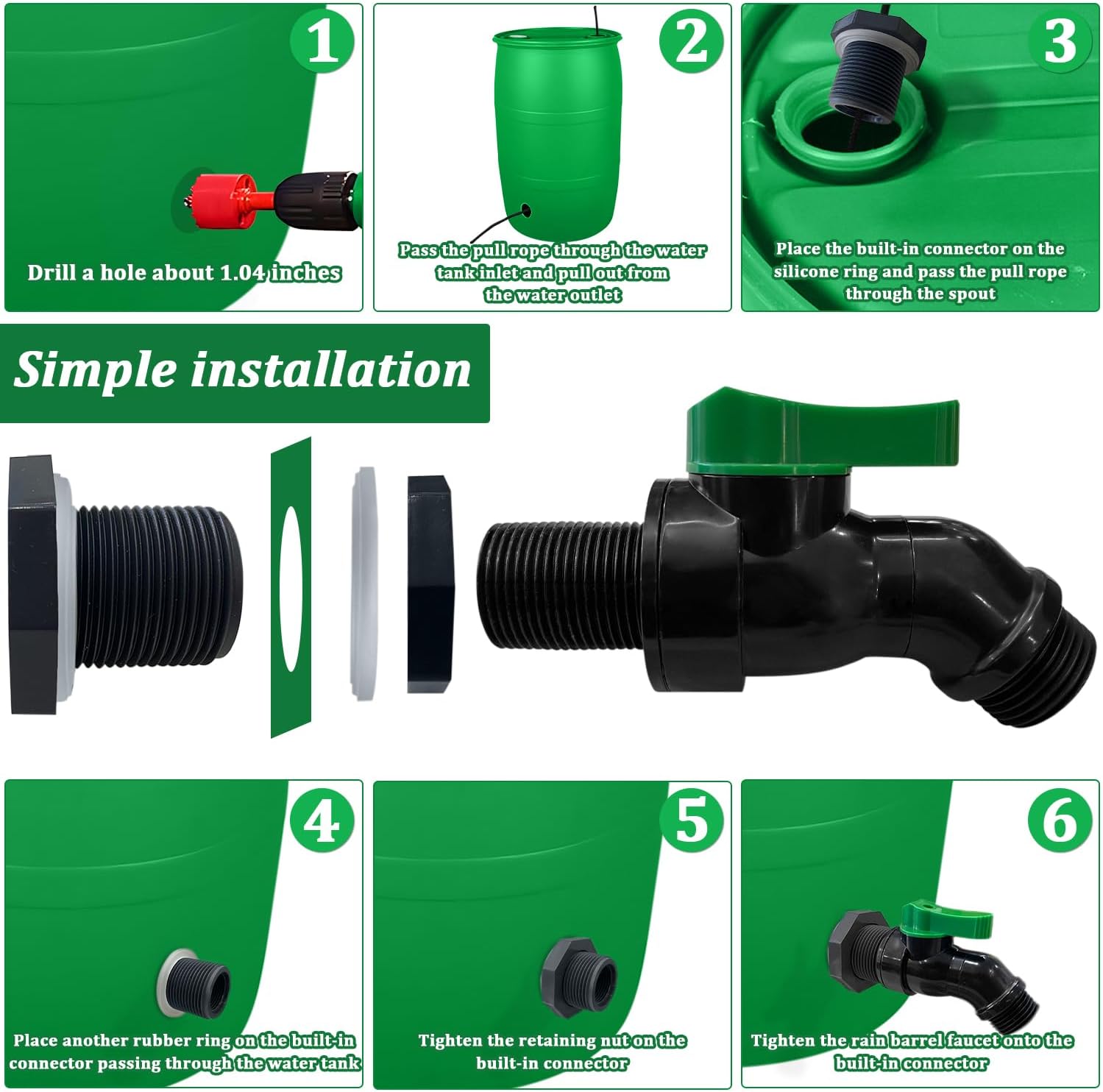 Plastics Rain Barrel Spigot Kit, High Flow Valve Core Water Tank Faucet+PVC Bulkhead Fitting,3/4 NPT to 3/4 GHT Rain Barrel Spigot for Plastic Bucket rainwater Drum Container Downspout Collector in