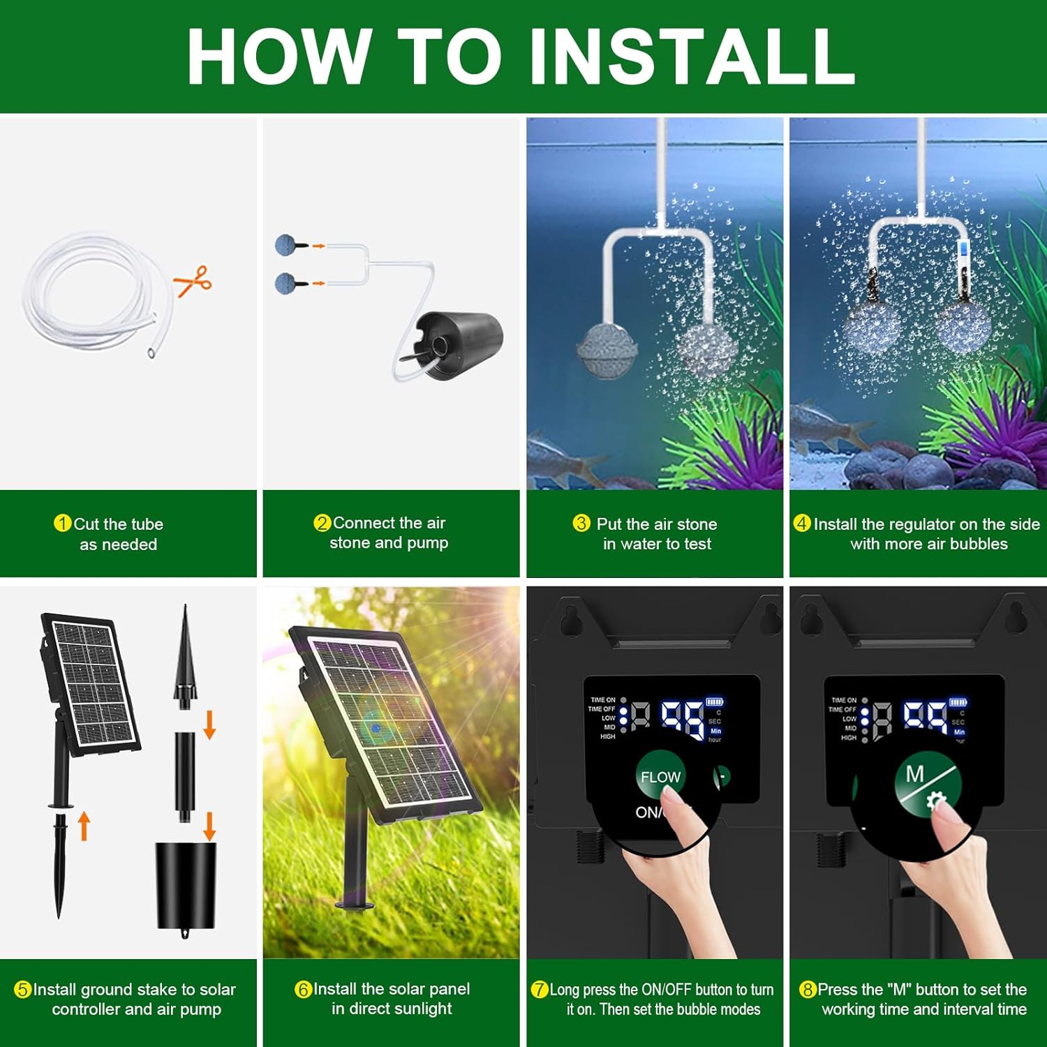 Upgraded Digital Display Solar Pond Aerator, 3 Working Modes(Low/Med/High) Solar Aerator for Outdoor Ponds with Timing Function, Solar Air Pump with Bubble Regulator for Small Ponds, Fish Tanks