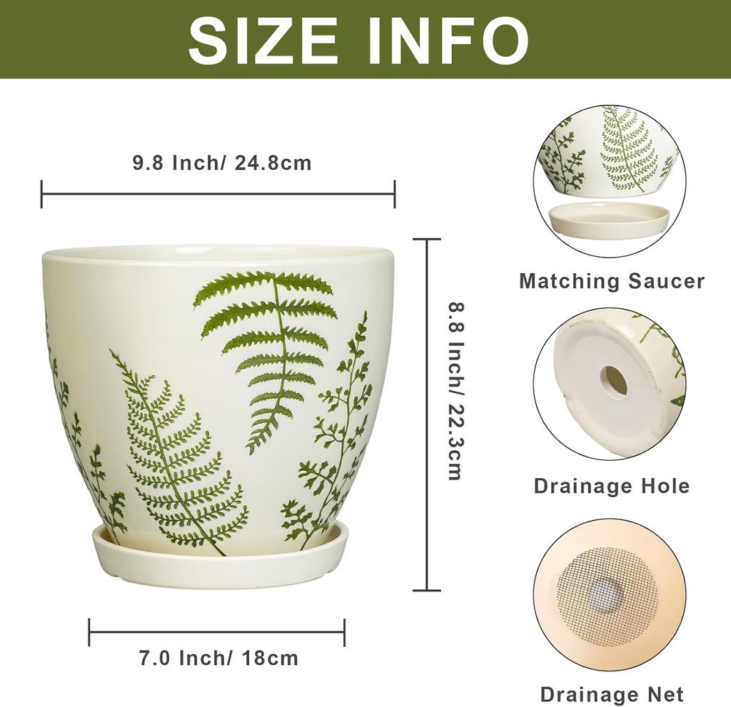 Ceramic Planter - 10 Inch Plant Pot for Outdoor Flowers with Drainage Hole and Saucer, Boho Round Decorative Indoor Flower Pot, Gifts for Plants Lovers, Home Patio Garden Room Decor, White