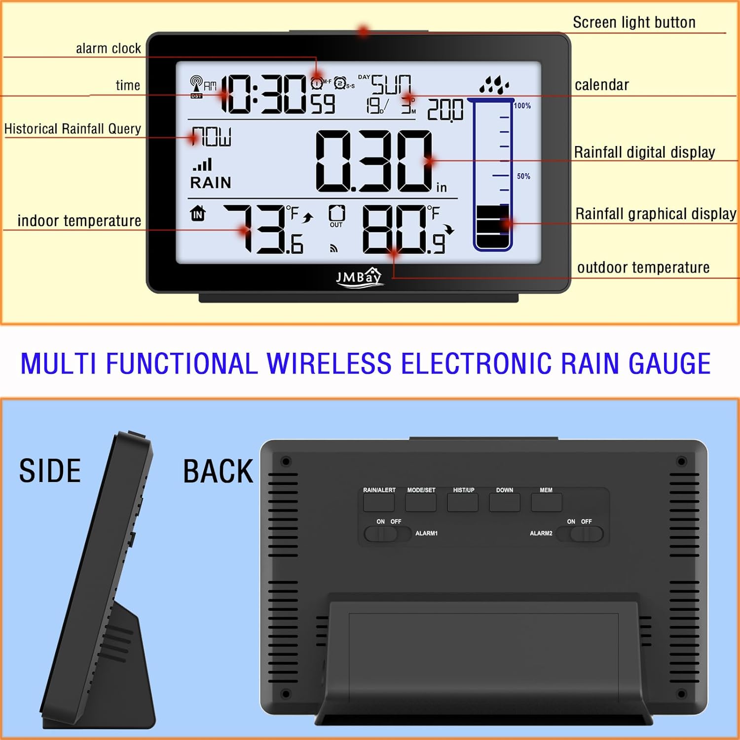 Digital Rain Gauge Outdoor with Thermometer, Self-Emptying Wireless Rain Gauges Outdoors Best Rated, High Precision Electronic Remote Rain Collector, Freeze Proof Automatic Rain Measure Gauge for Yard