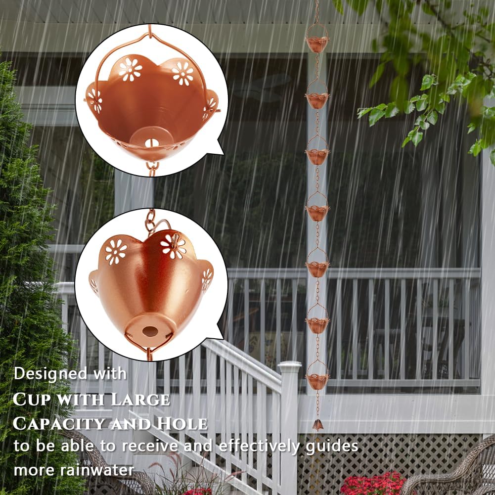 8.2 ft Rain Chain, Lotus Rain Chains for Gutters with 10 Cups, Adjustable Copper Rain Catcher Chains with Bell for Gutters, Eaves, Drainage, Replacement Downspout