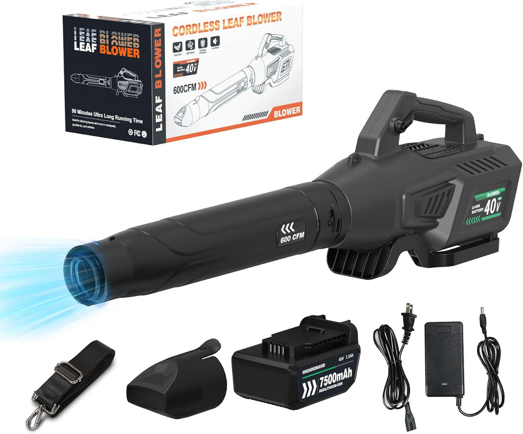 Leaf Blower Cordless with Battery - 40V Powerful Electric Leaf Blower, 600CFM &180MPH and Variable-Speed with 7.5Ah Battery and Charger for Lawn Care, Patio, Dust, Blowing Leaves (Grey)