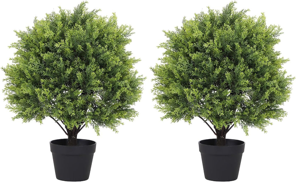 THE BLOOM TIMES 2ft Artificial Topiary Ball Trees Outdoor Set of 2, 24" Tall Faux Cedar Plants Outside UV Resistant Greenery Fake Evergreen Potted Bushes and Shrubs for Front Porch Patio Planter Decor