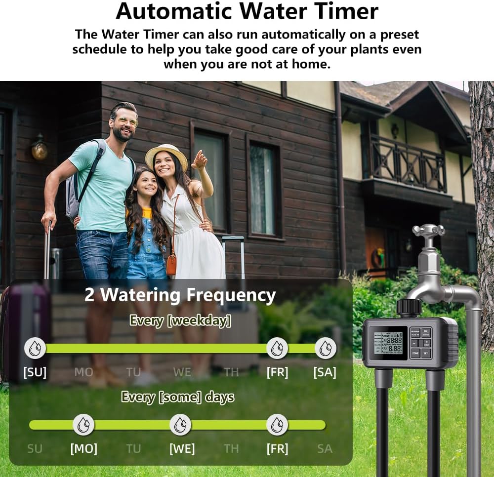 Uzoli SGW07 Sprinkler Timer, Programmable Water Timer for Garden Hose with 2 Outlets, Rain Delay, Manual, IP55 Waterproof Auto Drip Irrigation for Yard, Lawn, Pool