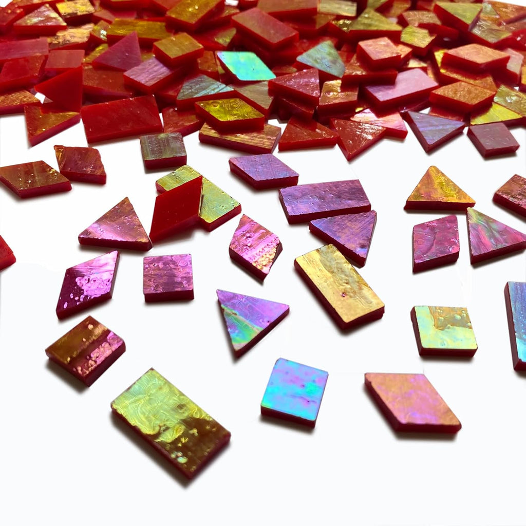 Magic Iridescent Red Glass Mosaic Tiles for Crafts, 280 Pieces Mixed 4 Shapes Stained Glass Sheets, Mosaic Kit Supplies for Adults