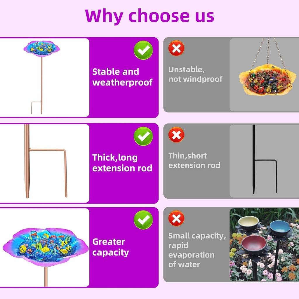 Bee Watering Station-Golden Purple Puddler Bee Bath & Feeder with Metal Stakes - 30 Glass Marbles, Vivid Flower Design, Garden Yard Decor (Purple-1PACK)