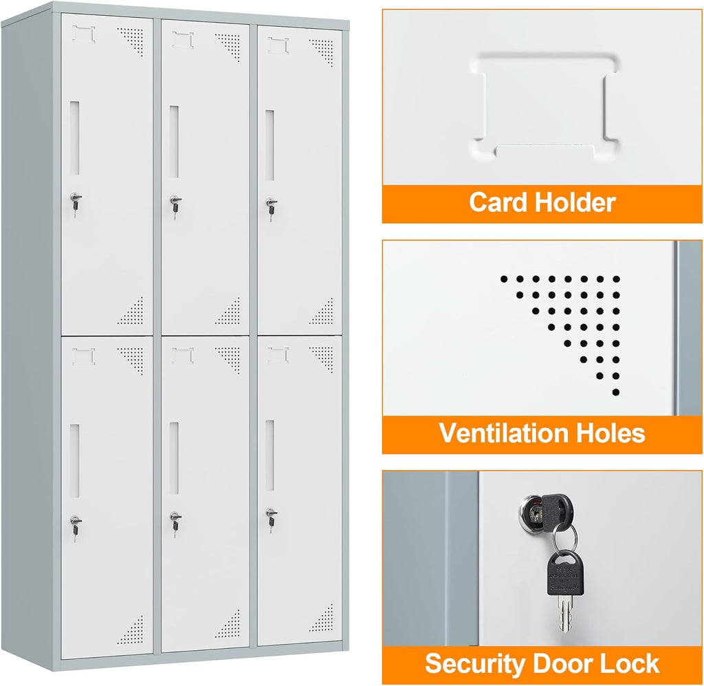 Metal Locker with 6 Doors Employees Locker, Metal Storage Locker with Hooks, 71" Storage Cabinet Lockers for Employees, Home, Office, Gym Requires Assembly (Grey White)