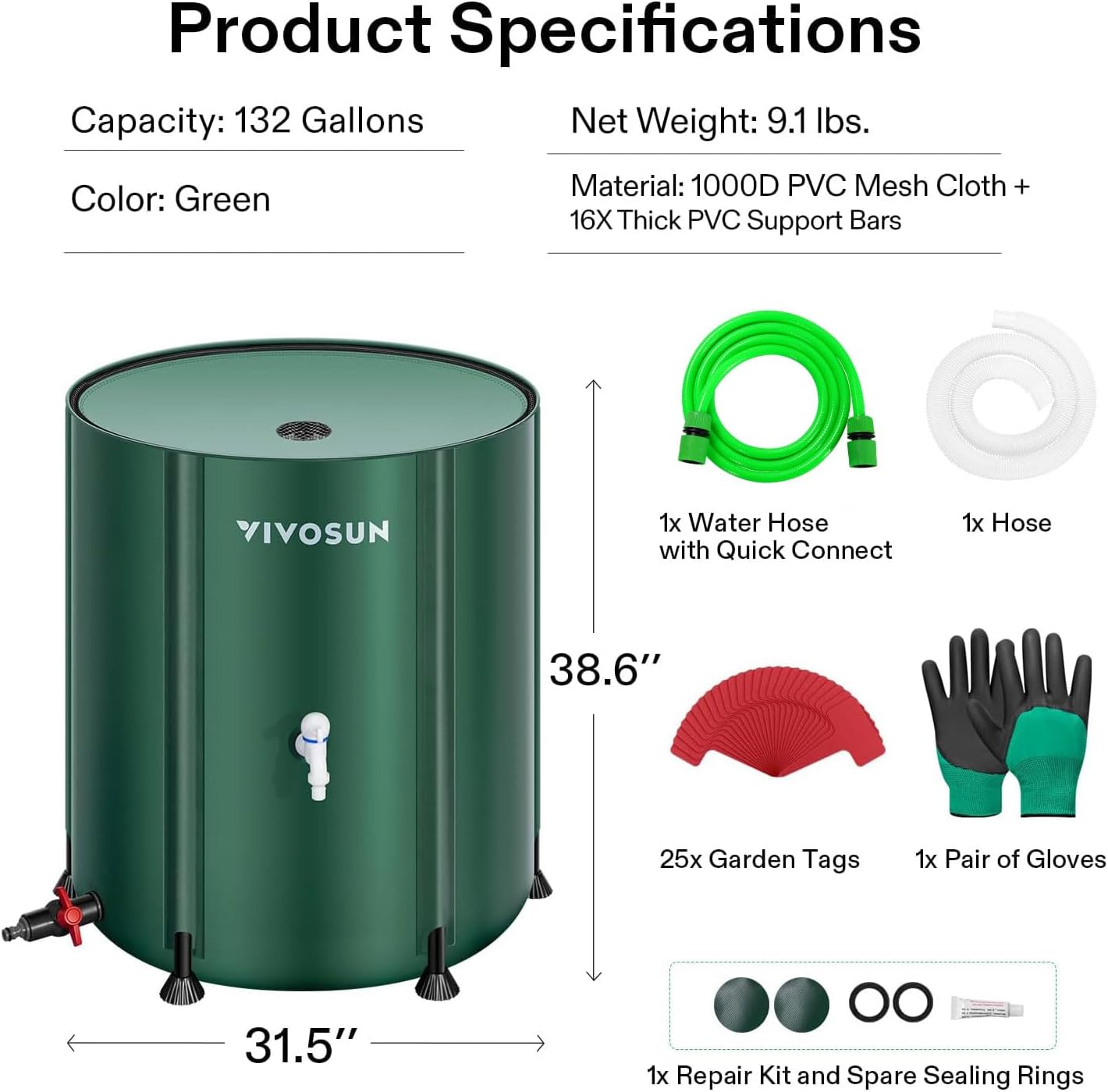 VIVOSUN Collapsible Rain Barrel, 132 Gallon Water Storage Tank with 1000D Oxford Cloth, Portable Rain Collection System Includes Two Spigots and Overflow Kit, Green