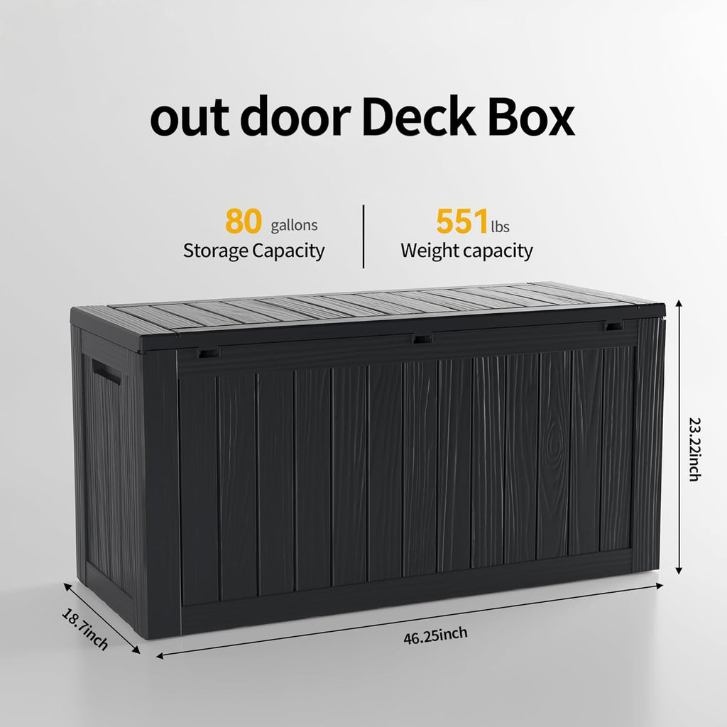 80GAL Black Outdoor Deck Box with Lockable Lid – Waterproof, SGS - Certified UV Resistance, Spacious Storage for Patio Cushions, Pool Accessories & Gardening Supplies, Easy Assembly