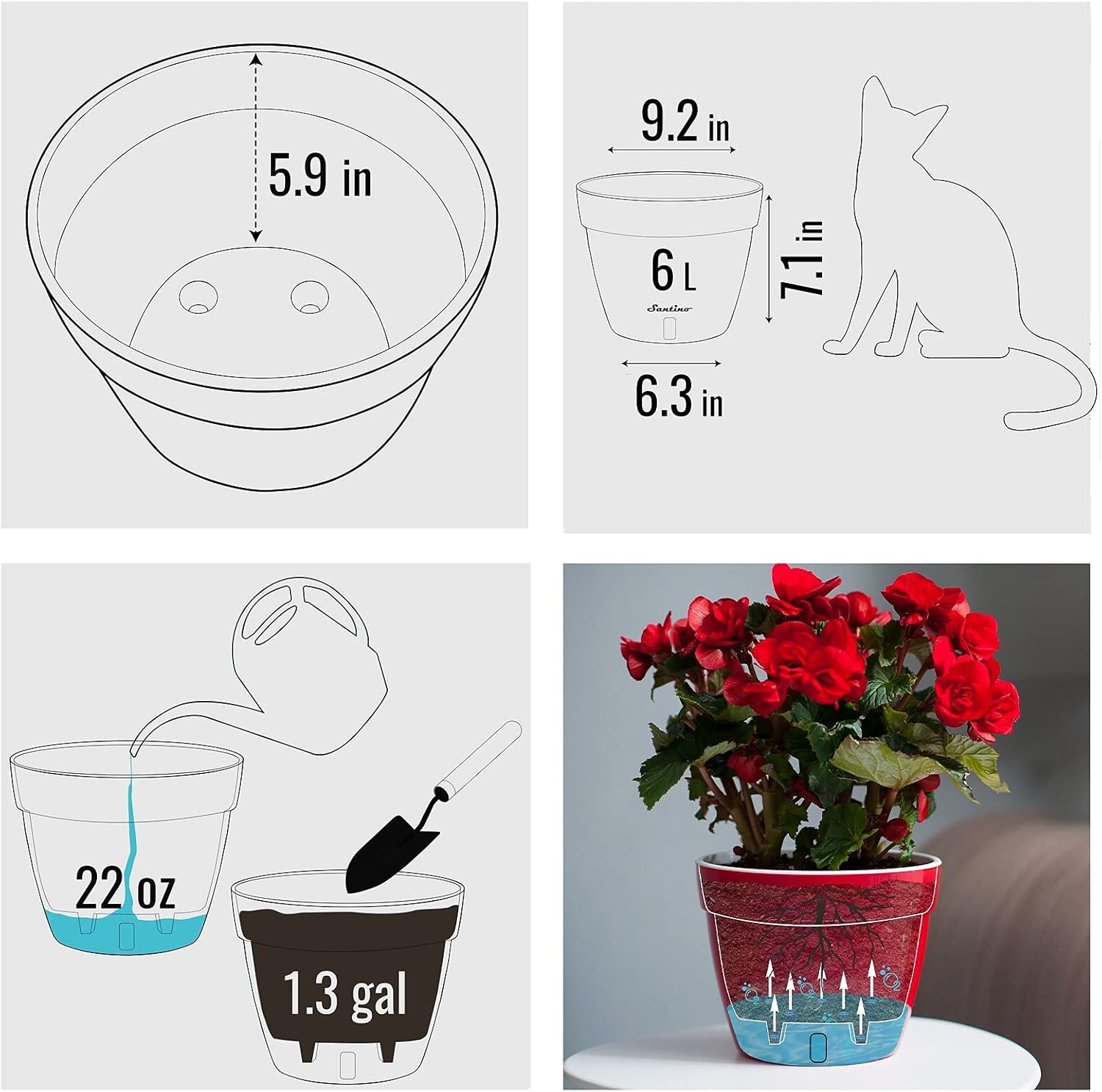 Santino ASTI 9.2 Inch Self Watering Planters Menthol/White (Set of 3) for Indoor Plants - Premium Quality Modern Plastic Pot w/Water Level Indicator for All House Plants, African Violets and Dahlias