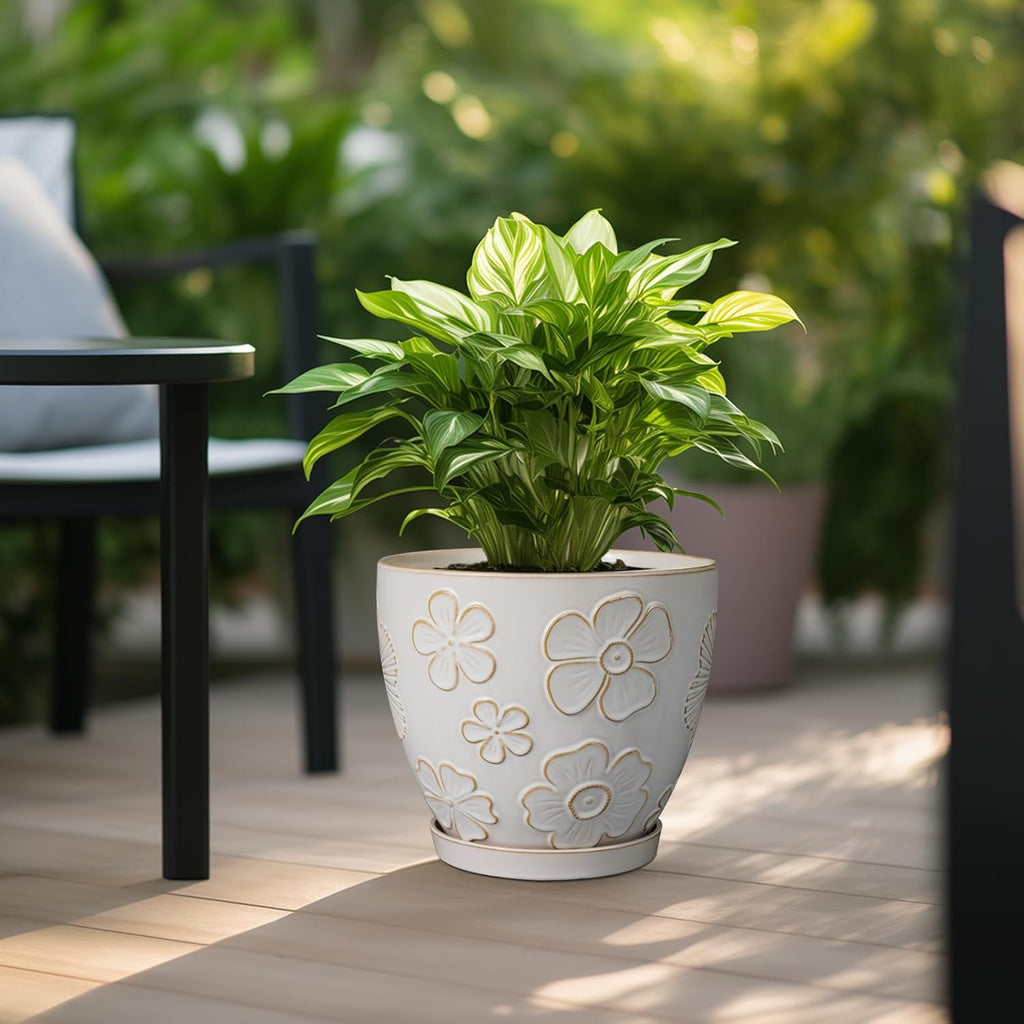 10 Inch Ceramic Planter Pot Large Plant Pot for Indoor Plants Outdoor Round Flower Pot with Drainage Hole and Saucer for Home Garden Decor White