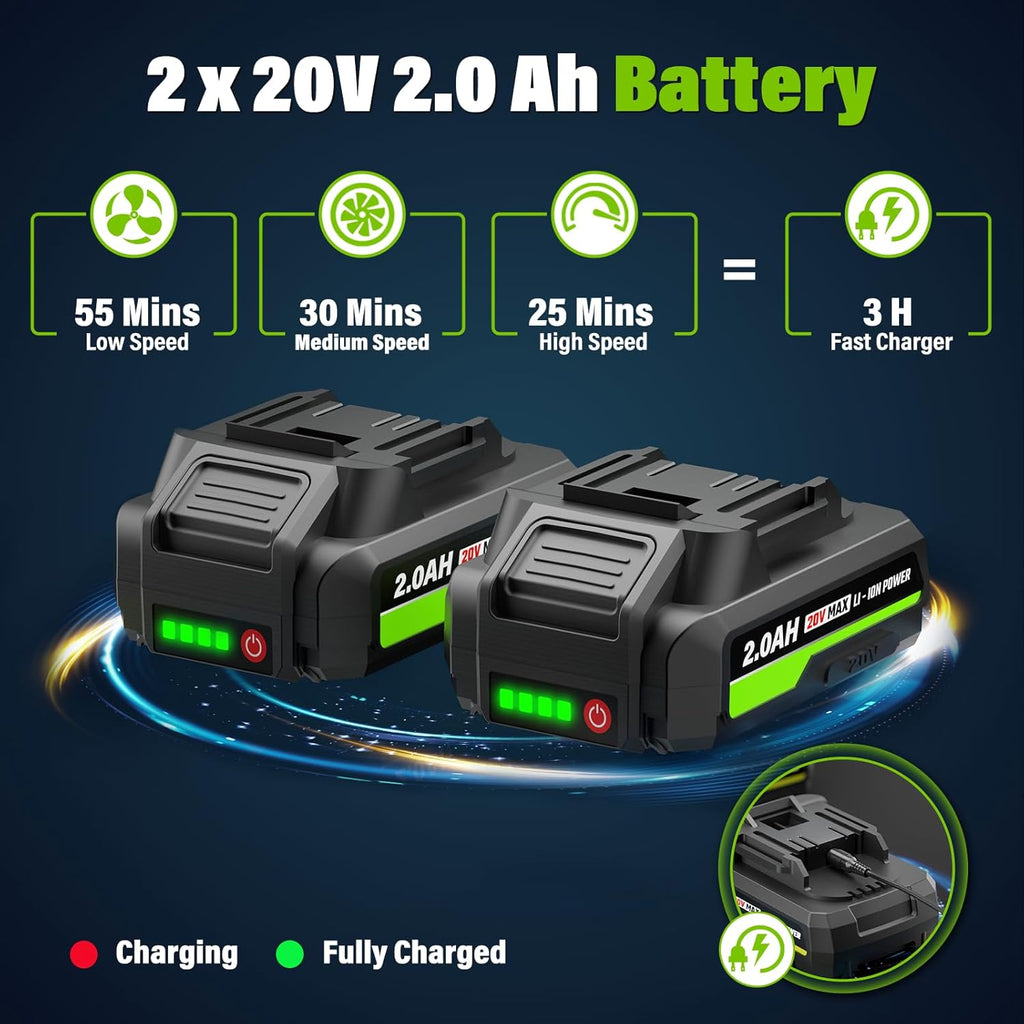 SEYVUM Cordless Leaf Blower, 20V Blower with 2 X 2.0 Ah Battery, Electric Blower for Lawn Care, 350 CFM 150 MPH Battery Powered Leaf Blower with Charger, for Patio, Garden Cleaning, Green