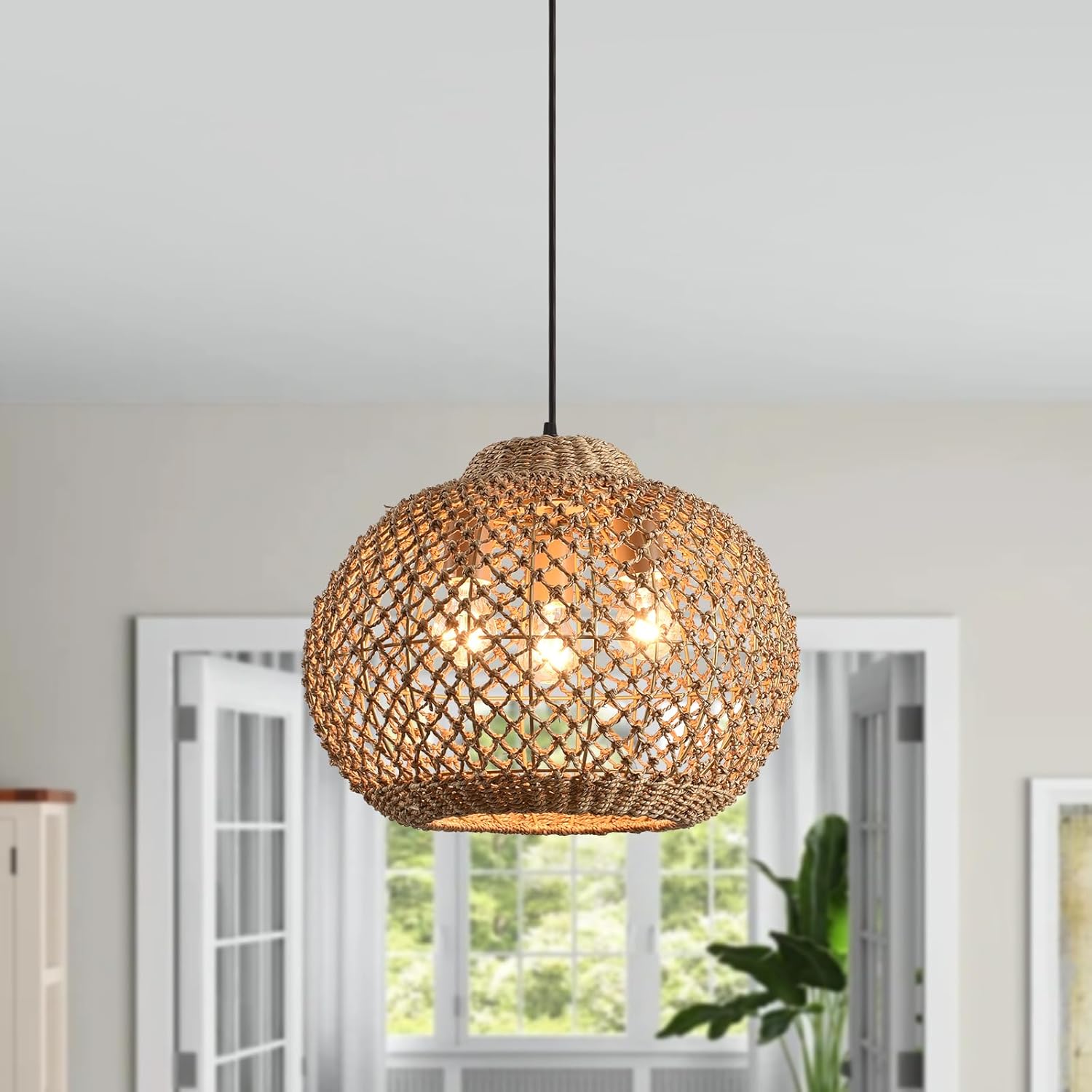 16.94" Rattan Pendant Light,Boho Wicker Chandelier Woven Water Plants, of Kitchen Island Farmhouse Dining Room,Entryway Foyer