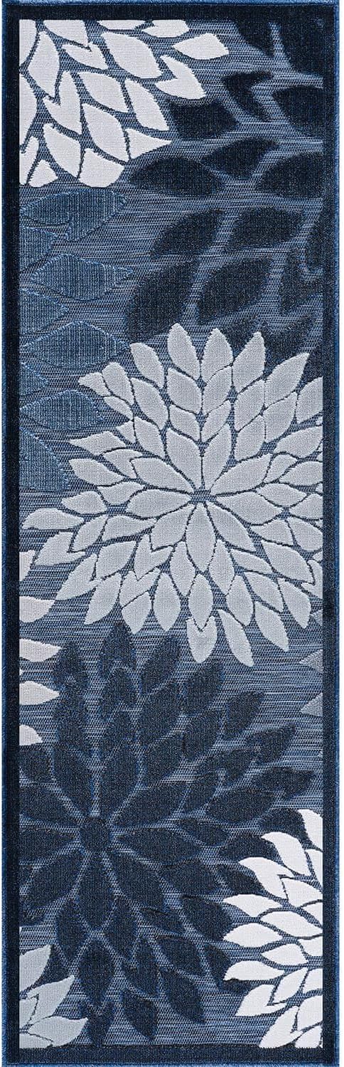 Beverly Rug Outdoor Runner Rug 2x7 Modern Floral Tropical Area Rugs for Indoor and Outdoor Patio Easy to Clean Non Shedding Living Room Porch Garden Washable Outside Carpet (2 x 7 Navy Blue)