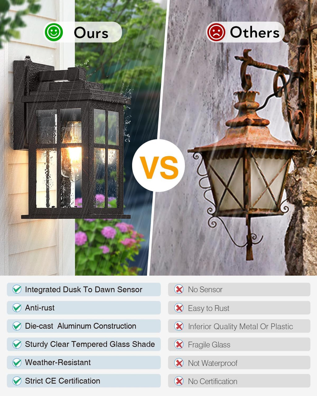 Bronze Dusk to Dawn Outdoor Lighting, 2 Pack Porch Lights, Outdoor Wall Lights with Tempered Glass, Light Fixture for House, Garden, Entryway, Doorway, Waterproof