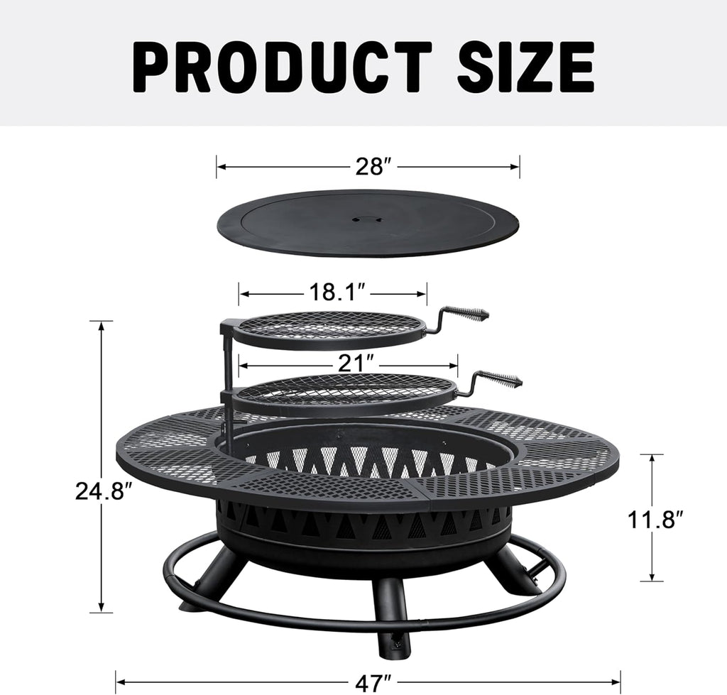 47 Inch Fire Pit with 2 Grills, Outdoor Extra Large Firepits for Outside, Wood Burning Fireplace for Camping,Picnic,Bonfire, 3-in-1 Round Metal Table with Lid for Backyard,Patio,Party