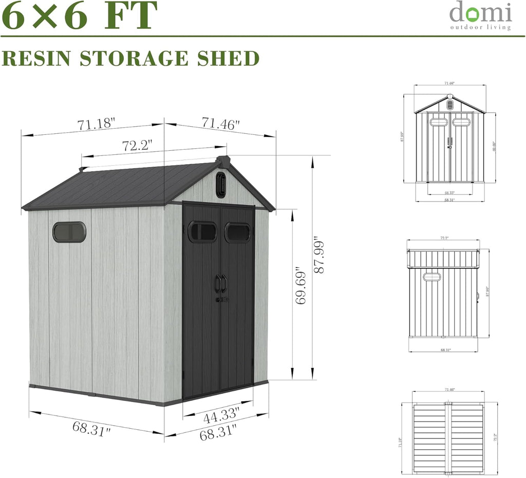 Domi 6x6FT Outdoor Resin Storage Shed with Transparent Windows & Louvered Vents, Plastic Tool Shed with Double Lockable Doors & Gable Roof, Outside Garden Shed for Backyard, Patio, Lawn, Grey