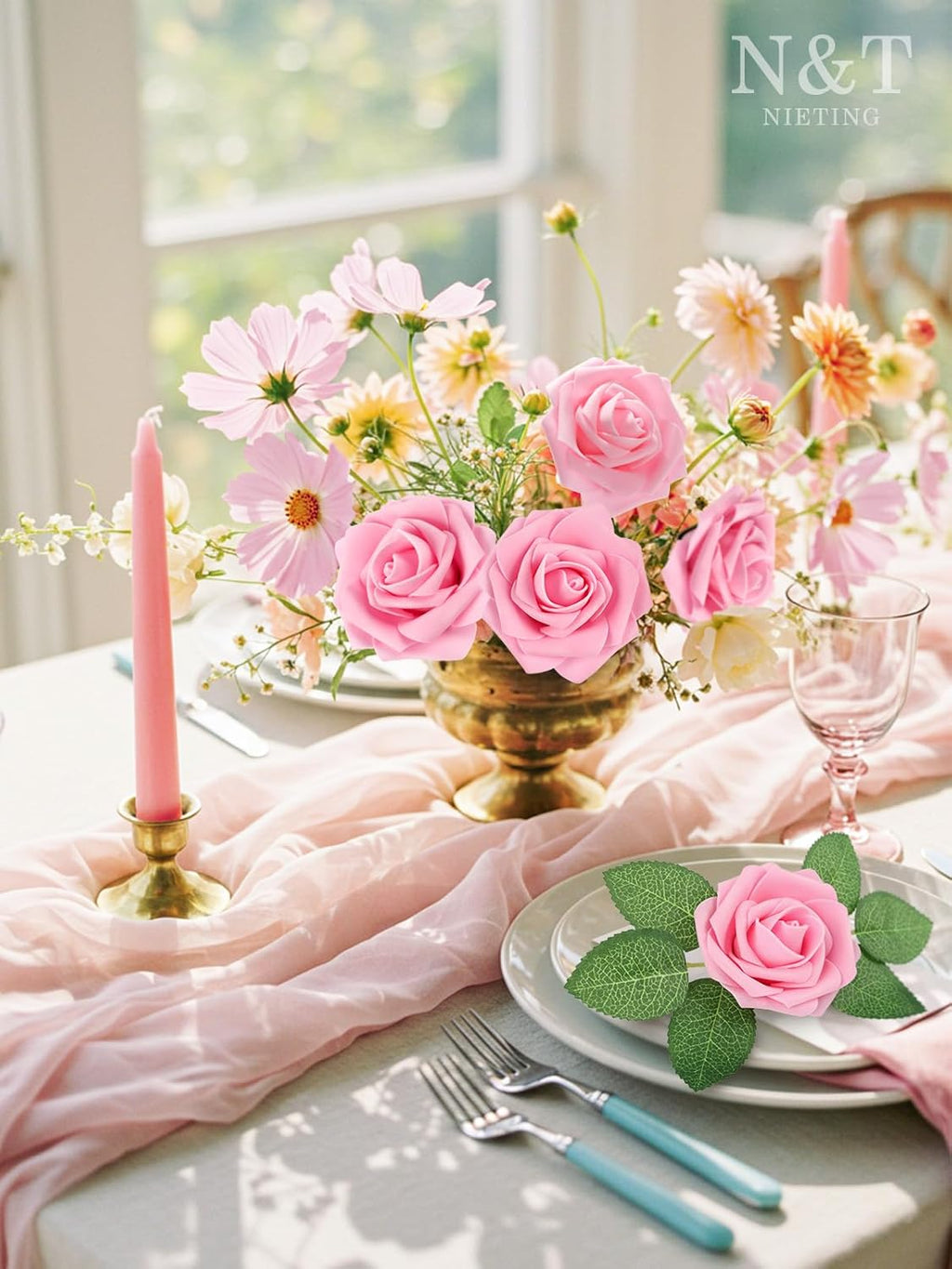 N&T NIETING Artificial Flowers Pink Roses, 25Pcs Fake Flowers Foam Roses with Stems for DIY Wedding Bridesmaid Bridal Bouquets Centerpieces Party Home Decoration Baby Shower