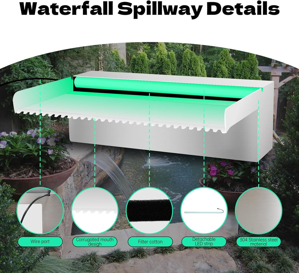Waterfall Spillway Stainless Steel Pond Waterfalls with Color Changing LED Light, Outdoor Pool Fountain Water Feature Kit for Garden Patio Swimming Pool Koi Ponds Decor-12"x8"x4"