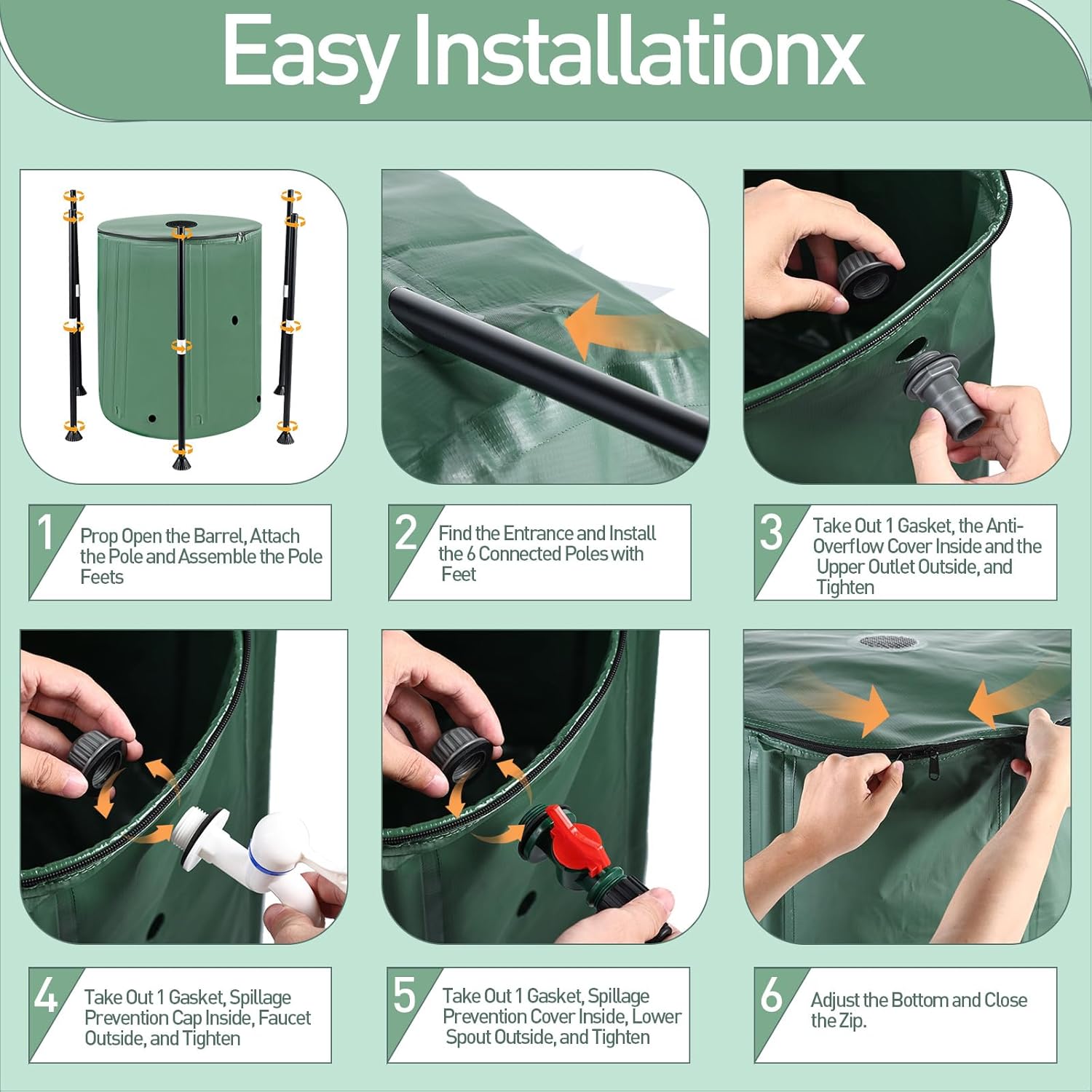 53 Gallon Collapsible Rain Barrel with Zipper Open and 12 Poles, 200L Protable Rainwater Collection System Kit with 1 Spigot and 2 Overflow, 1000D Oxford Rain Catcher Barrel for Outdoor Garden Camping