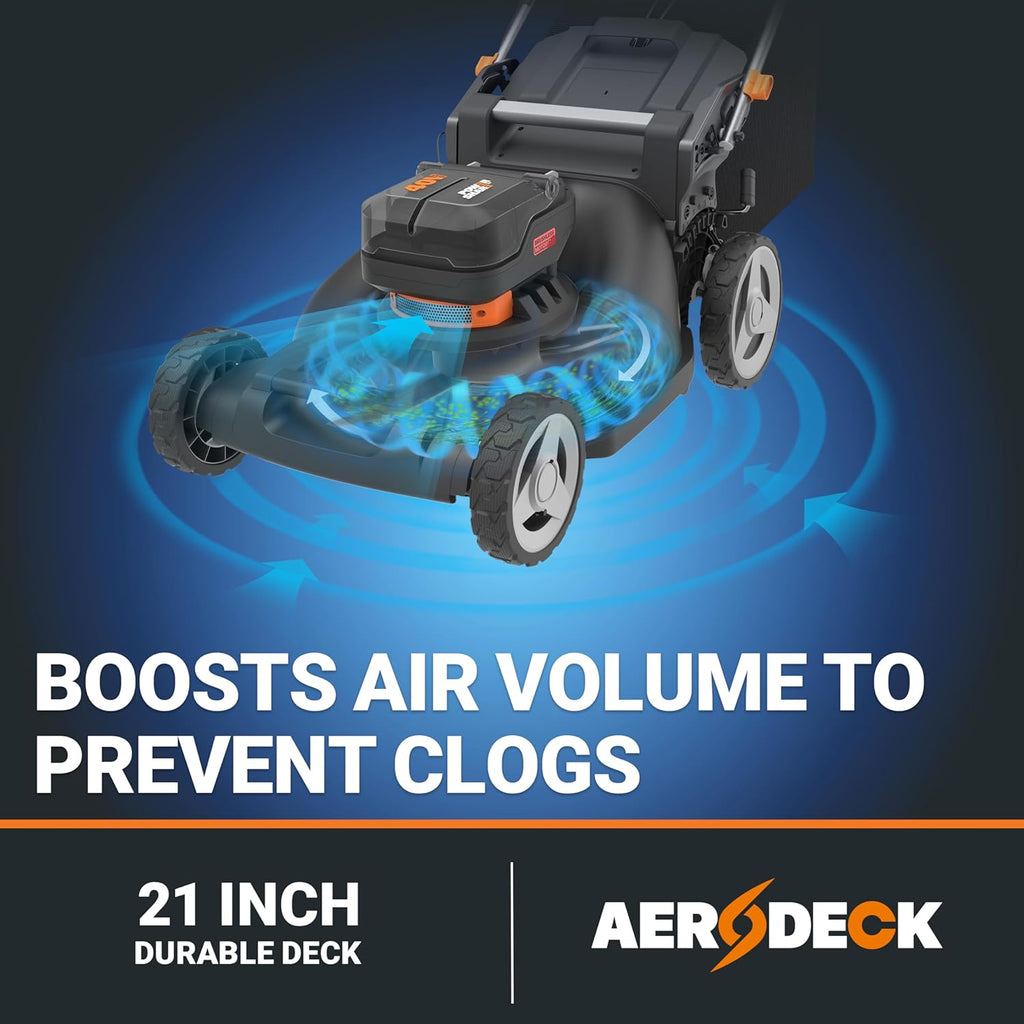 WORX Nitro 40V 21" Cordless Lawn Mower w/Aerodeck & Intellicut, Brushless Electric Mower Up to 1/2 Acre, Push Lawn Mower w/ 7-Position Height Adjustment WG752 – Batteries & Charger Included