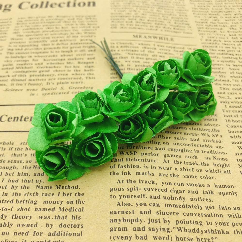 Mini Fake Rose Flower Heads 144pcs Mini Artificial Mulberry Paper Roses Flower with Wire Stem DIY Wedding Flowers Accessories Make Bridal Hair Clips Headbands Dress (Green)