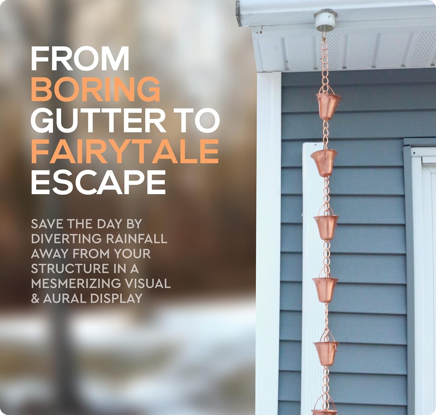 Copper Rain Chain – Decorative Chimes & Cups Replace Gutter Downspout & Divert Water Away from Home for Stunning Fountain Display – 6.5’ Long for Universal Fit – Bell Style