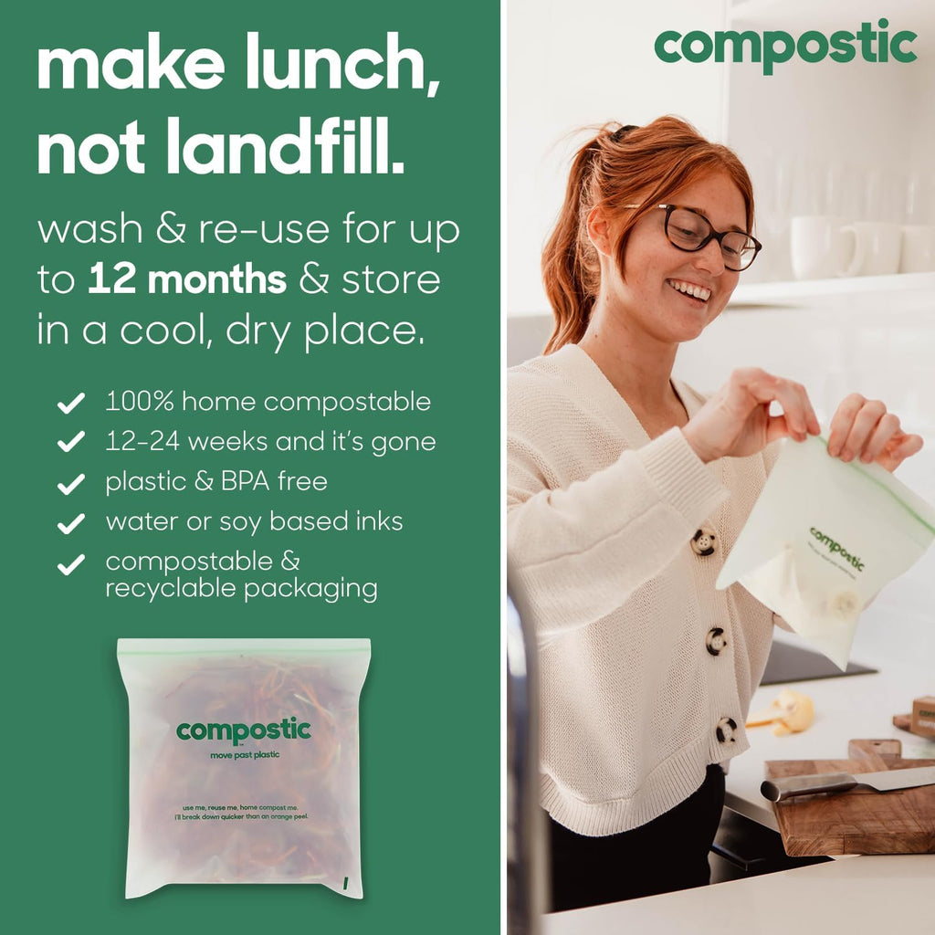 Home Compostable Resealable Snack Bags (6"x 3.5"), Microwave & Freezer Safe, Organic Food Storage Container, 100 Count (Pack of 2)
