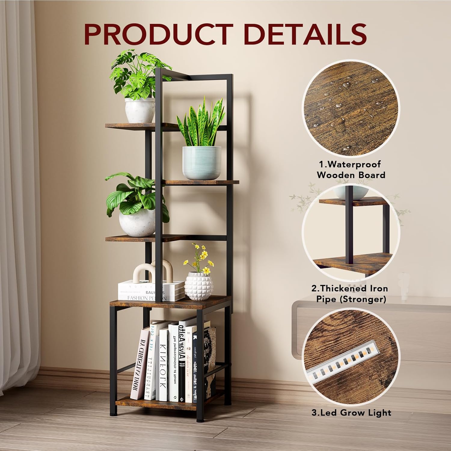 Plant Stand Indoor with Grow Light, 5-Tiered Tall Plant Stand Indoor, Metal Plant Shelf with Bookshelf Bookcase and Adjustable Light, Ideal for Living Room, Reading room, Garden, Patio (Brown)