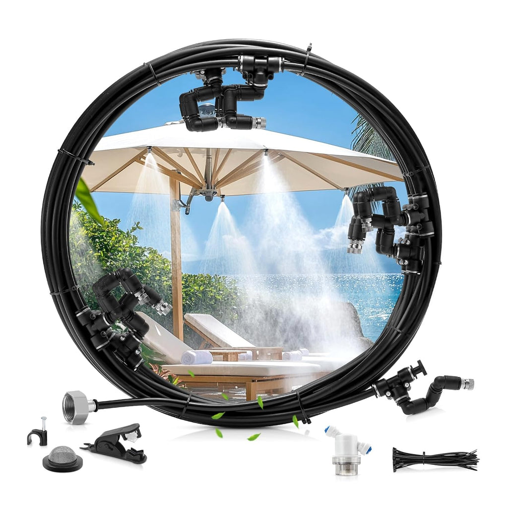 Outdoor Misting Cooling System, 32FT (10M) Misting Line + 8 Adjustable 360° Nozzles + 3/4” Threaded Adapter, Garden, Greenhouse, Misters for Outside Patio