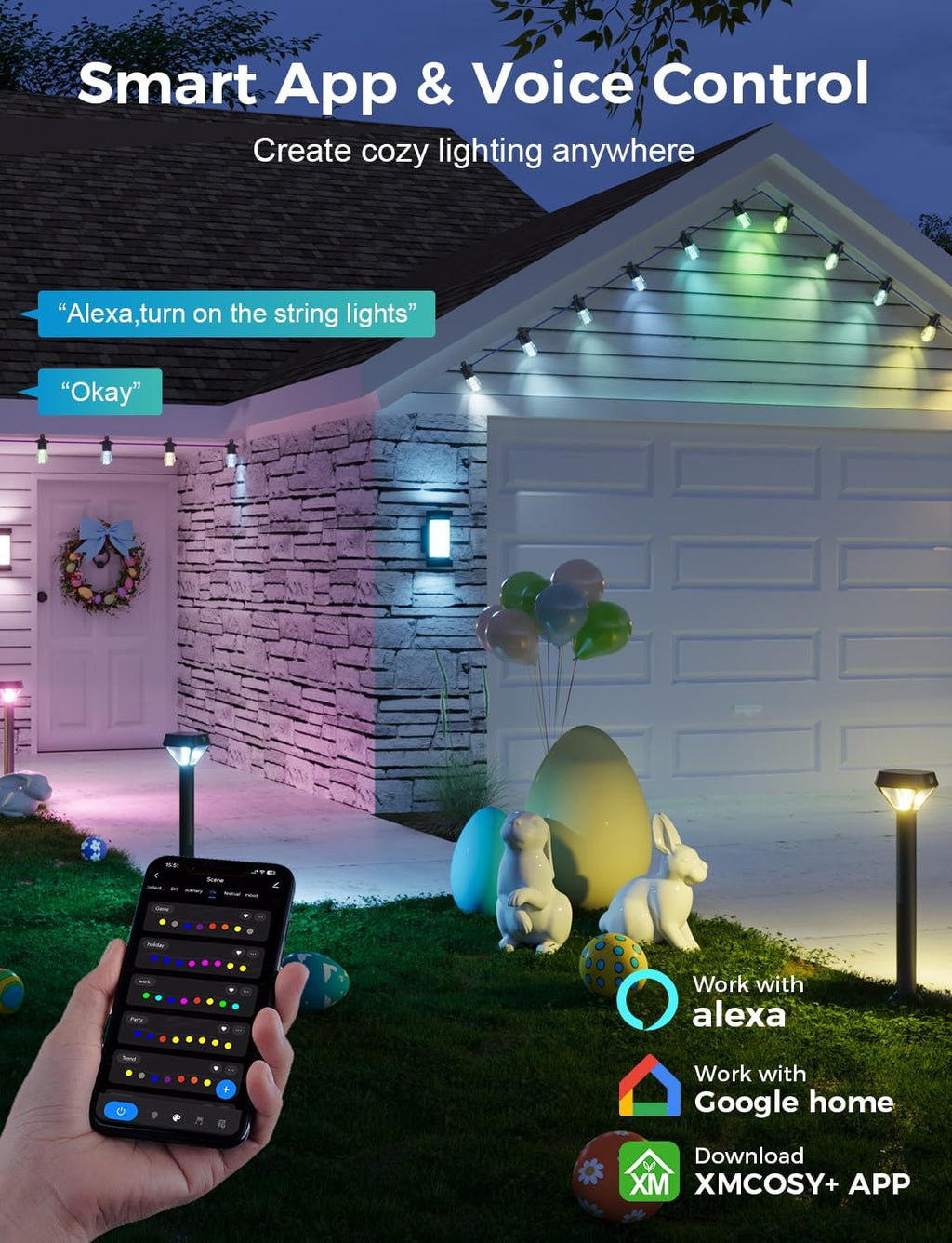XMCOSY+ 96FT Smart Outdoor String Lights - RGBCWIC Dimmable Acrylic Bulbs, Color Changing LED Patio Lights APP WiFi Control, Compatible with Alexa, IP65 Waterproof Outdoor Lights for Backyard Porch