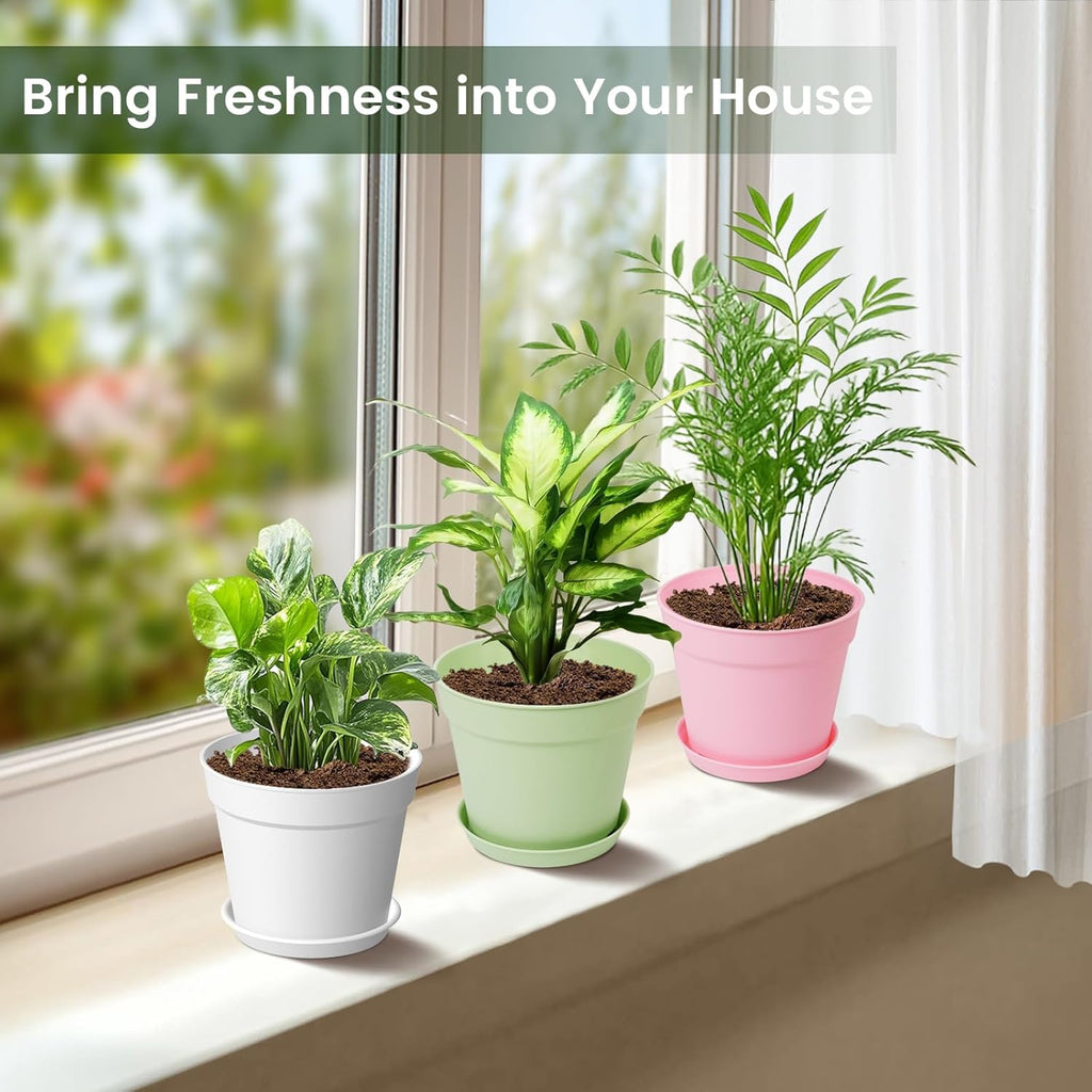 20 Pack 6 Inch Plant Pots with Drainage and Saucers, White Plastic Flower Pots for Indoor and Outdoor Plants, Stackable Nursery Planters for Houseplants and Herbs, Colorful