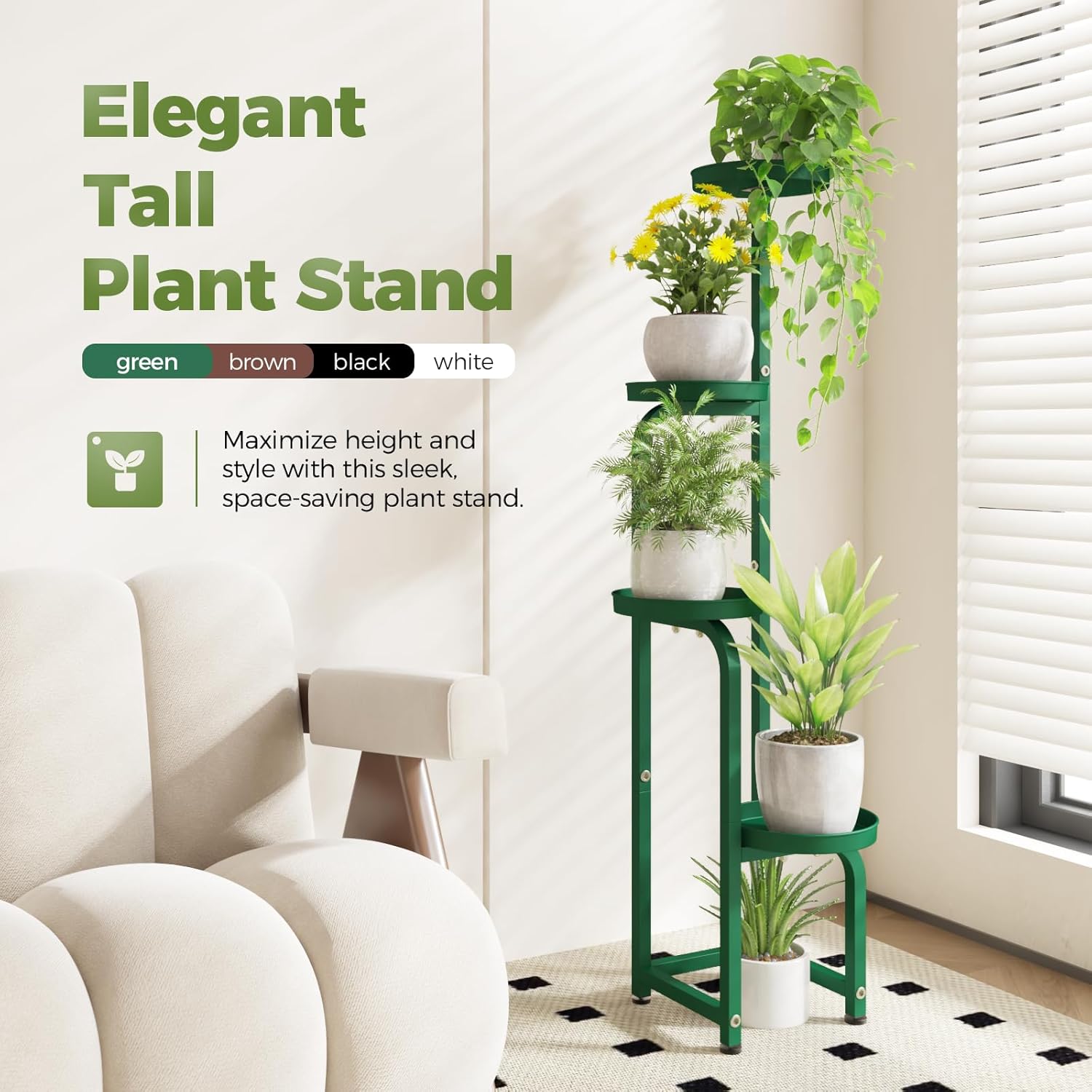 Bamworld Corner Plant Stand Indoor Outdoor, Tall Metal Flower Pot Stands for Multiple Plants, 4 Tier Green Heavy Duty Plant Shelf for Patio Garden Balcony Living Room Bedroom(Patent Design)