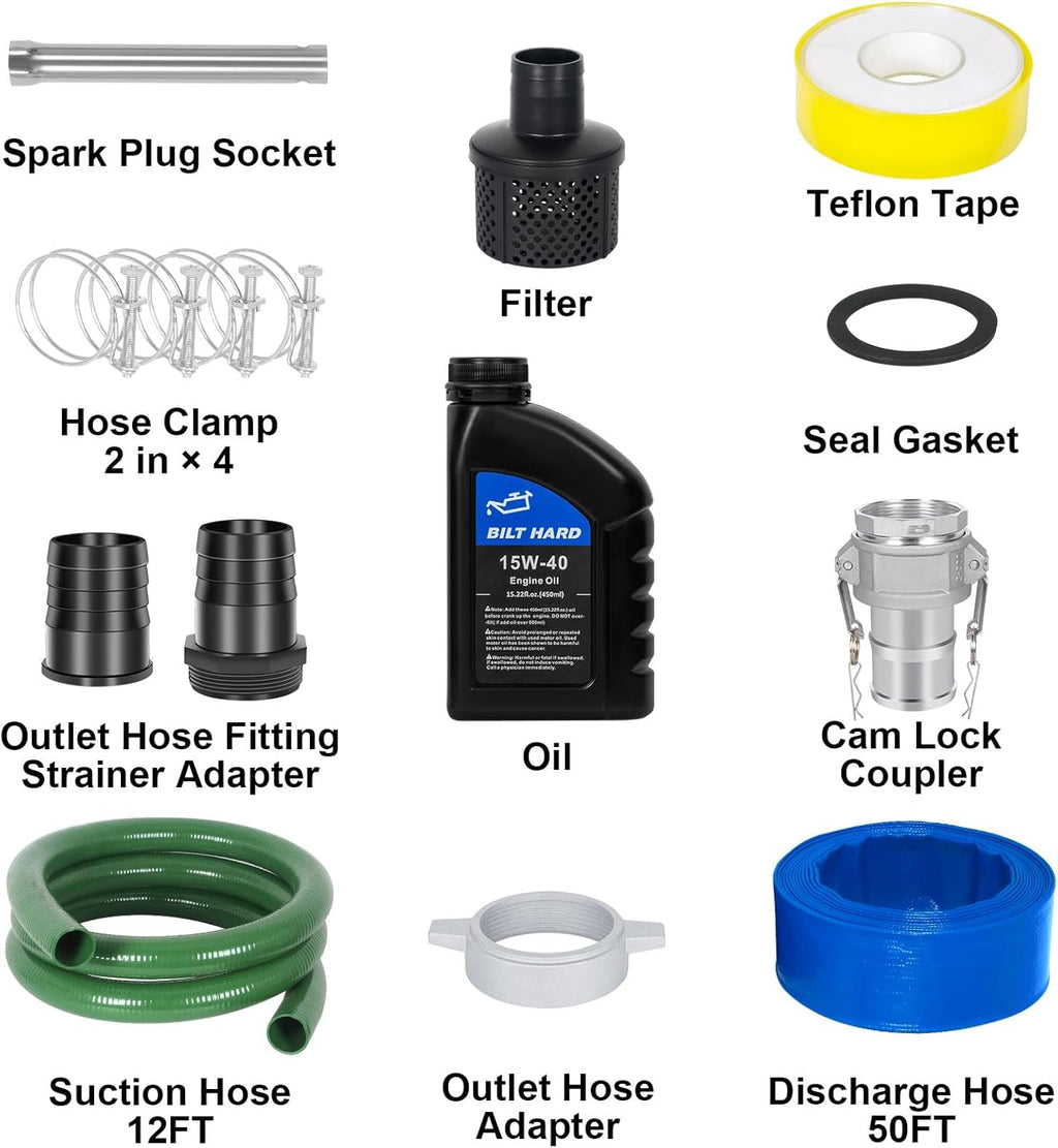 BILT HARD Semi Trash Pump 2 inch, 158 GPM 7HP Gas Powered Water Pump, 212cc 4-Cycle Engine with 50 ft Discharge Hose, 12 ft Suction Hose and Complete Fittings, EPA Certified