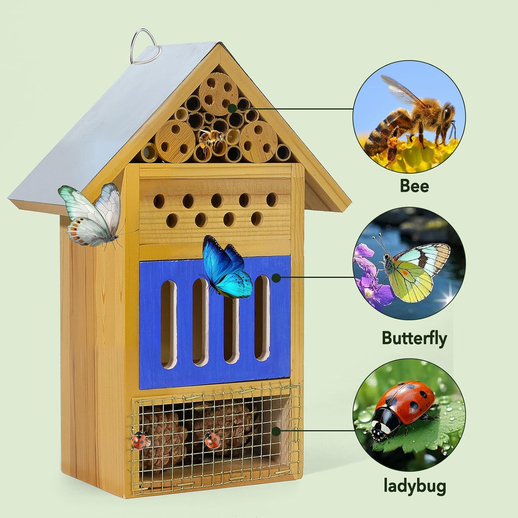 Wooden Butterfly House & Bee House for The Garden, Durable Bug Hotel W/Wooden Stake and Iron Roof, Insect Habitat On The Ground Or Hanging On The Tree, for Butterfly, Bee, Ladybug, Bug