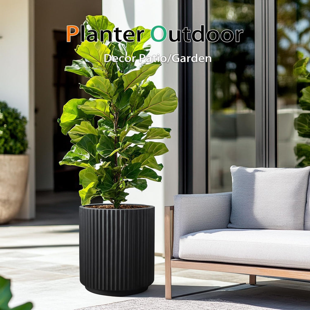 Round Concrete Planter Outdoor Indoor, Large Cement Plant Pots for Flowers (Vertical Black, 16 inch)