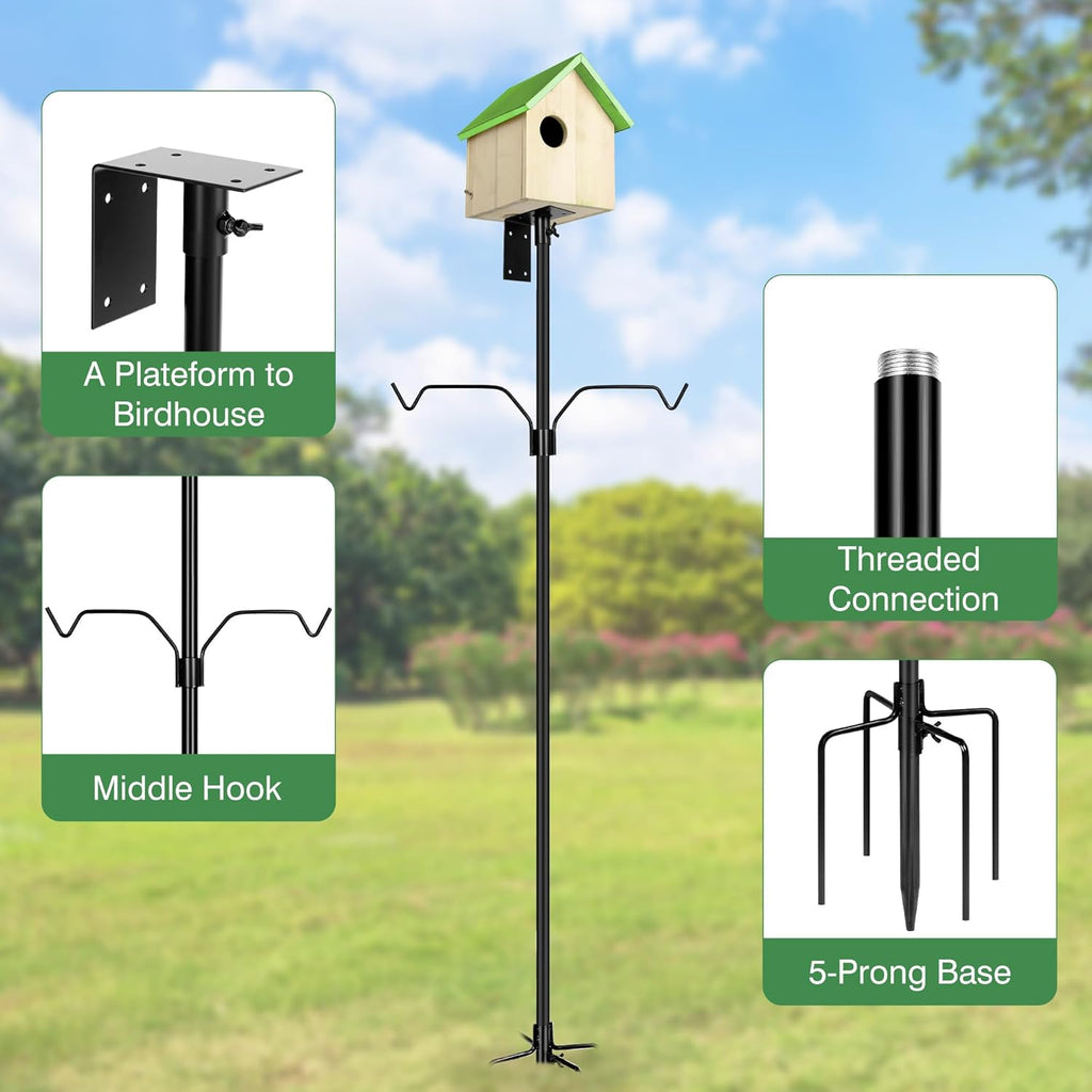 Bird House Pole, 95 Inch Heavy Duty Bird Feeder Pole Mount Kit for Outdoors, Adjustable Bird Feeding Stand, with 2-Hooks, 5-Prong Base for Birds Watching