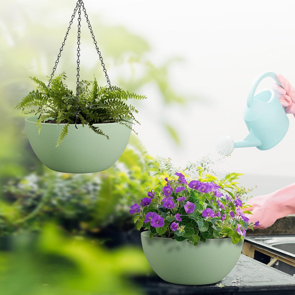 10 inch Hanging Planters for Outdoor Indoor Plants with Drainage Holes and Chain, 2 Pack Round Hanging Flower Pots for Garden Home Porch Decor,Green
