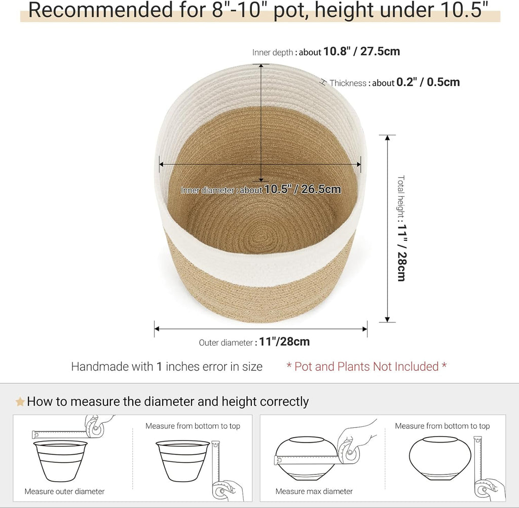 Dahey Jute Spliced Cotton Rope Plant Basket Modern Woven Storage Basket for 10.5" Floor Indoor Planter, Decorative Flower Pots Cover Laundry Bin with Handle Rustic Home Decor, White and Beige
