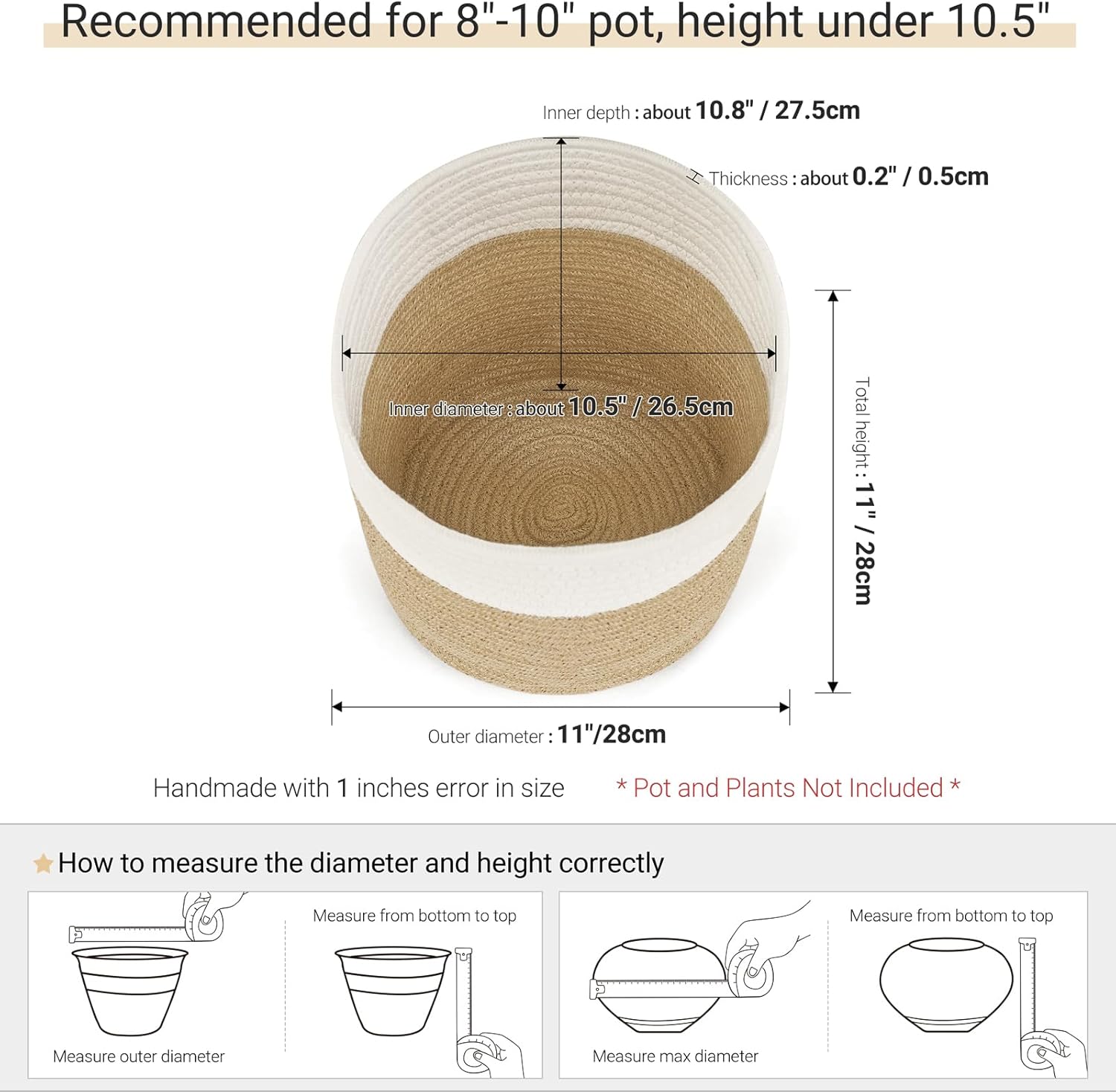 Dahey Jute Spliced Cotton Rope Plant Basket Modern Woven Storage Basket for 10.5" Floor Indoor Planter, Decorative Flower Pots Cover Laundry Bin with Handle Rustic Home Decor, White and Beige