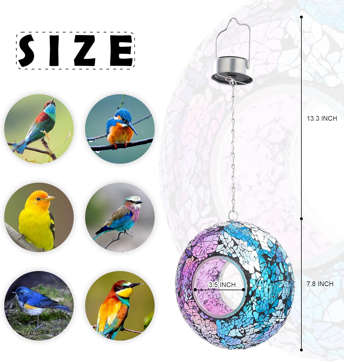VCUTEKA Mosaic Bird Feeder Solar Fly Through Birdfeeder for Outside Hanging Round Shape Glass Container to Attract More Wild Bird Feeders for Garden Decor as Gift for Bird Lovers, 8-Inch