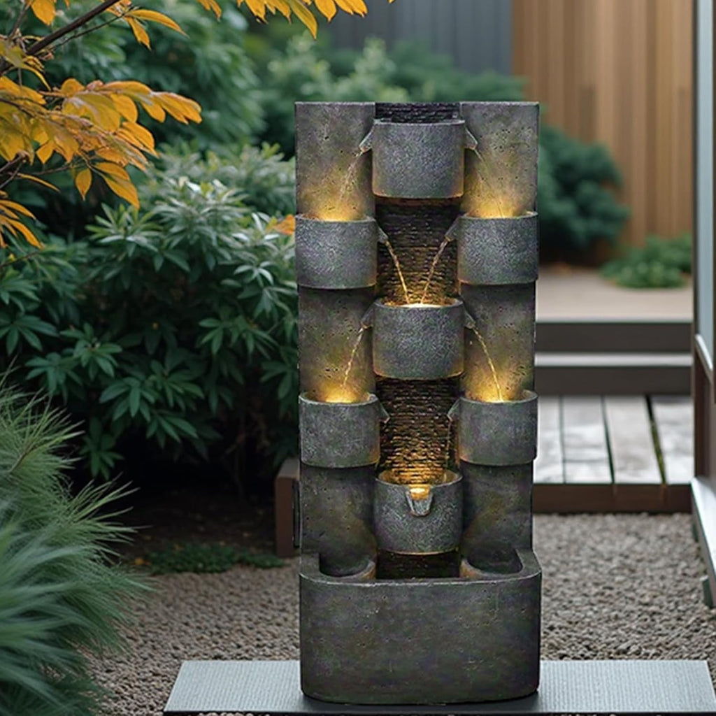 45" H Outdoor Water Fountain Garden - Large Cascading Waterfall Freestanding Fountains Water Feature with Lights for Patio Backyard Deck Porch and Home Decor, Concrete Artistry Style, Gray